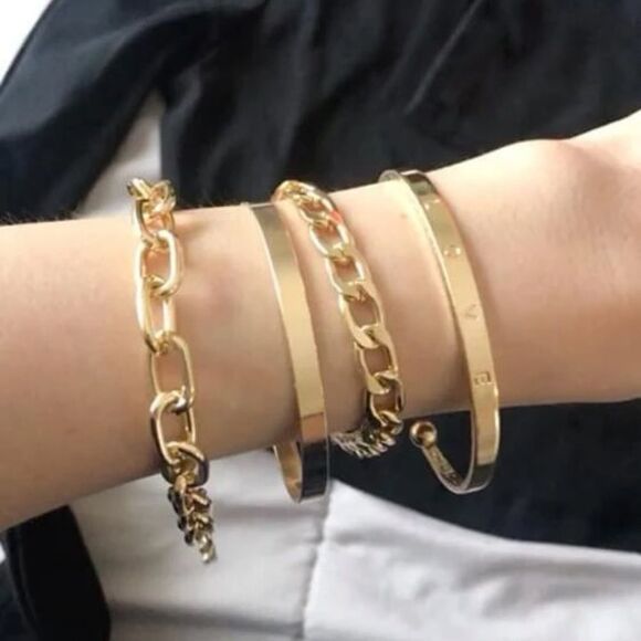 Unisex LOVE Men Women Gold Over Silver Chunky Gold Link Bangle Set - Picture 12 of 13